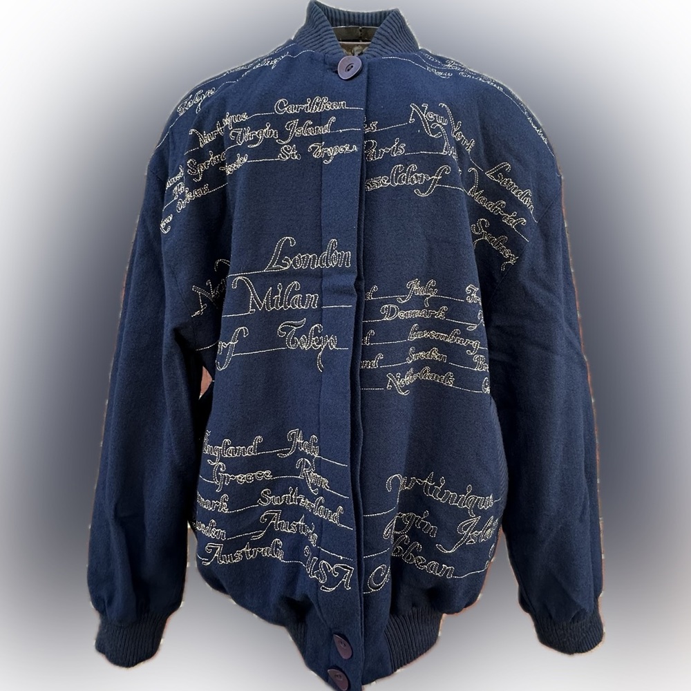 Stephanie by Suzelle Wool Bomber Jacket Gold Embroidery Vintage Vacation City